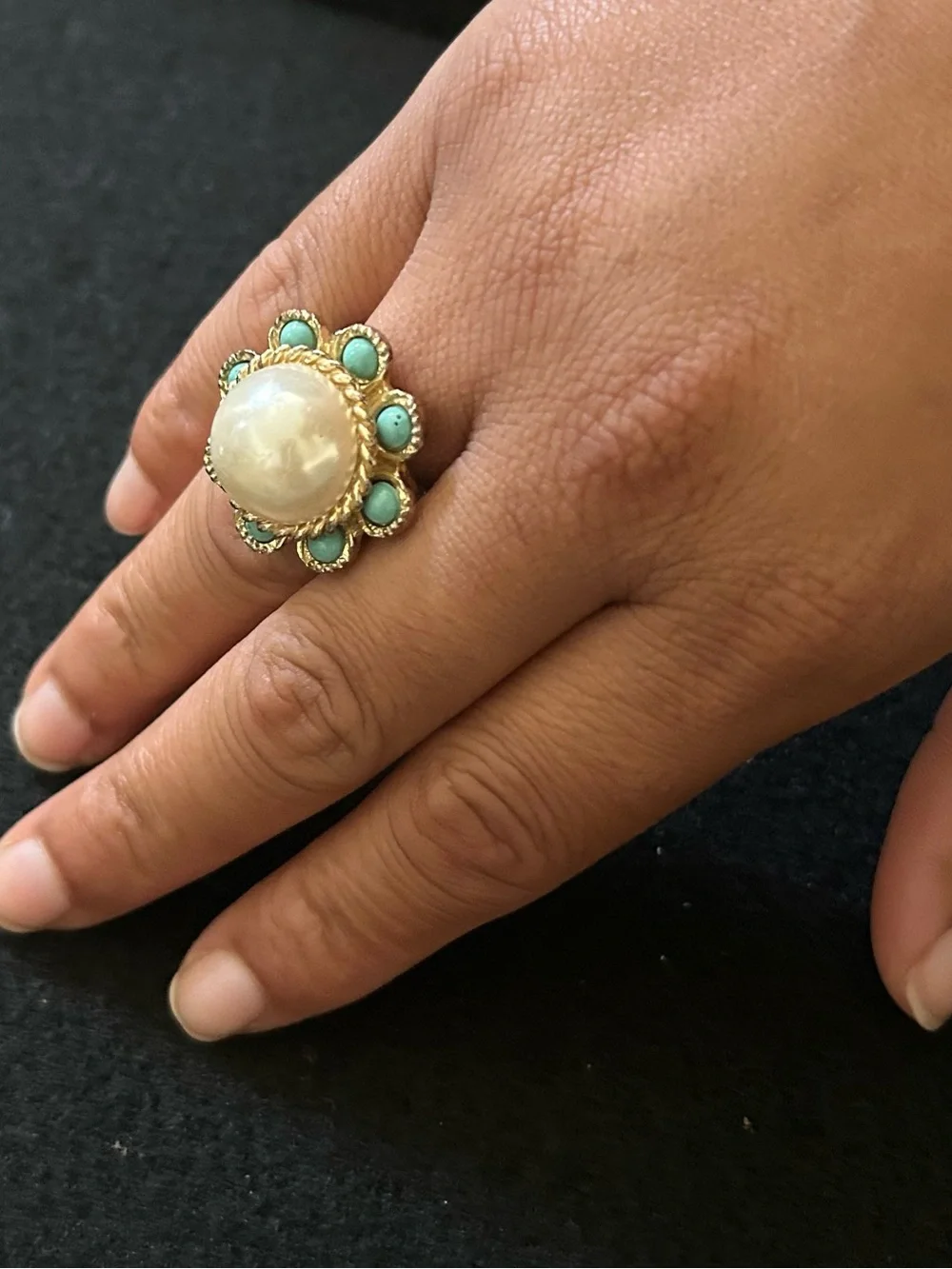Gold Flower Statement Stretch Ring with Pearl with Faux Turquoise Accents